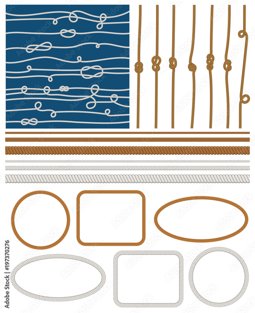Set of pattern with marine rope knots in different directions. Knot of ropes  of sea water transport. Military fleet, sailing on ship, boat, ship. Vector  illustration. Isolated on white background Stock Vector