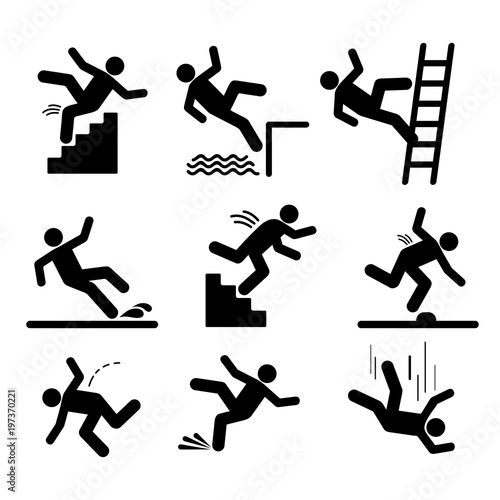 Set of caution symbols with stick figure man falling. Falling down the stairs and over the edge. Wet floor, tripping on stairs. Workplace safety. Vector illustration. Isolated on white background