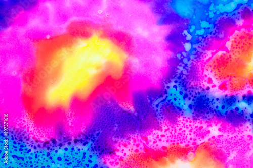 Watercolor with yellow and pink cicles on blue.