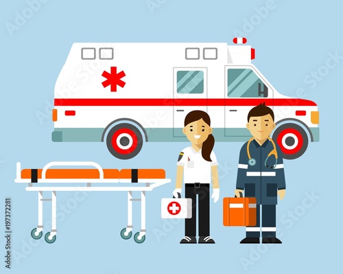 Medicine ambulance concept in flat style isolated on blue background. Young doctor paramedic man and woman, ambulance car, stretcher.