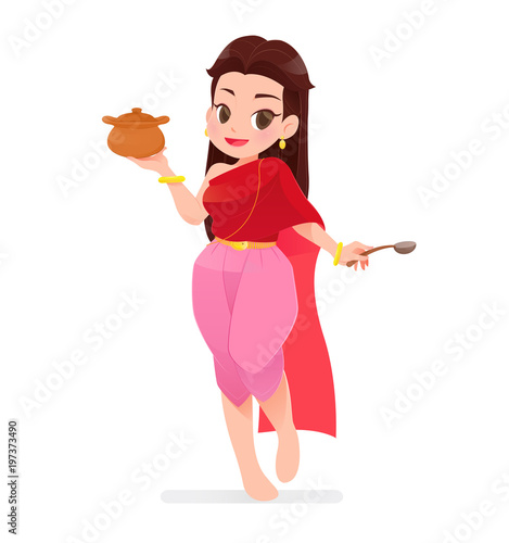 The cartoon woman in thai clothings is holding clay pots, Culture in Thailand, Female cook, Vector Illustration