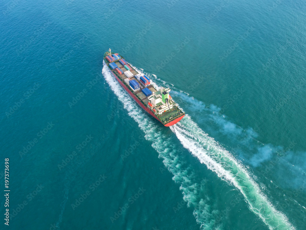 Container ship in export and import business and logistics. Shipping cargo to harbor by crane. Water transport International. Aerial view