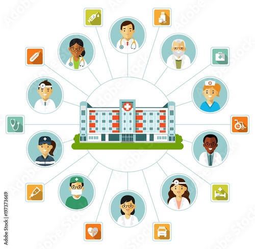 Medical concept with hospital building in flat style isolated on white background. Infographics design elements - doctors, nurses, staff and medicine icons
