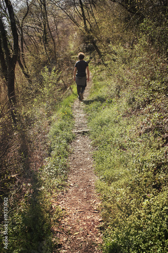 man walking through a path, vertical picture of single person in the nature © missizio01