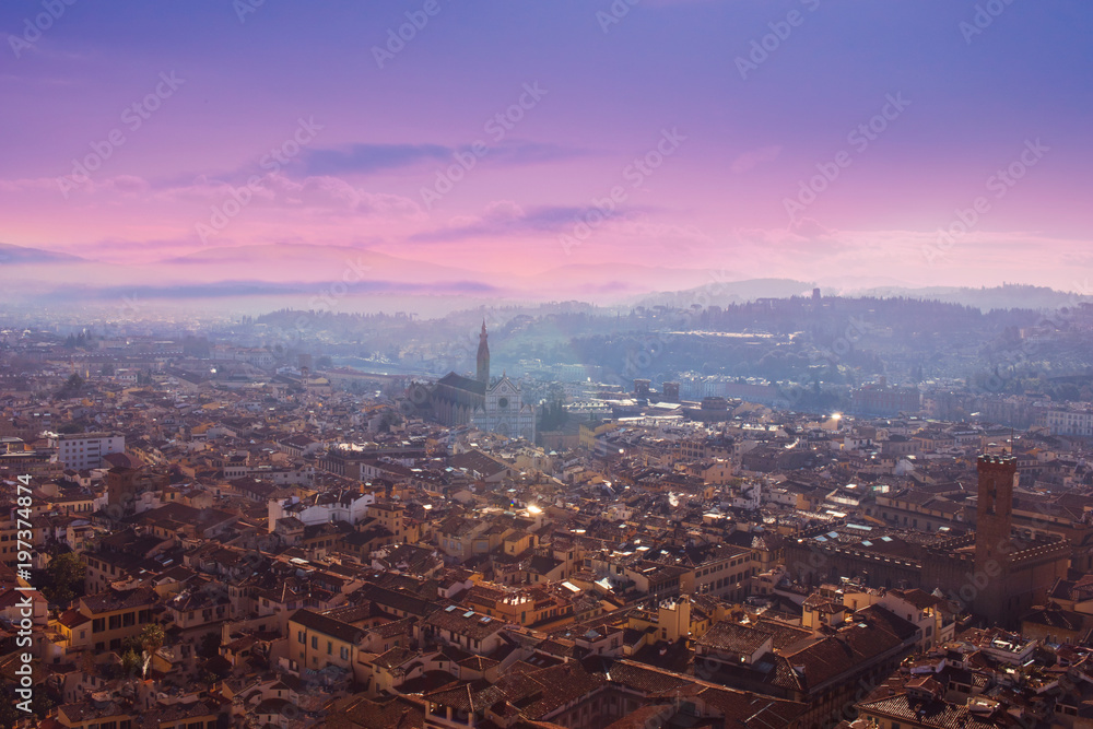 Obraz premium Aerial view of Florence, Tuscany, Italy. View from Cathedral Santa Maria Del Fiore. Beautiful Florence sunset skyline, .