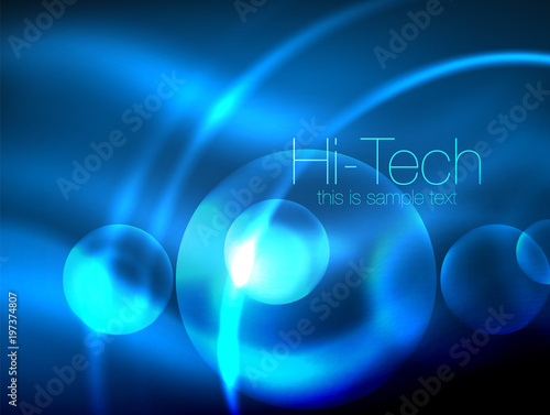 Blurred blue neon glowing circles, hi-tech modern bubble template, techno glowing glass round shapes or spheres. Geometric abstract background