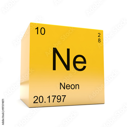 Neon chemical element symbol from the periodic table displayed on glossy yellow cube © concept w