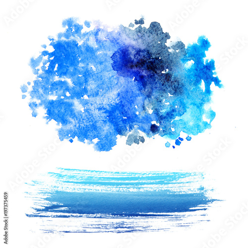 Abstract blue watercolor on white background. Color splash on the paper. Hand drawn aquarelle banners.