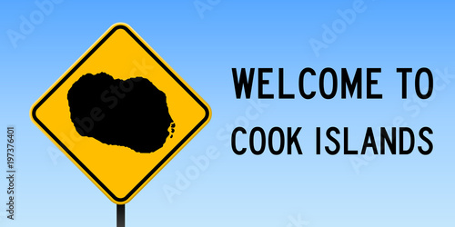 Cook Islands map on road sign. Wide poster with Cook Islands island map on yellow rhomb road sign. Vector illustration.