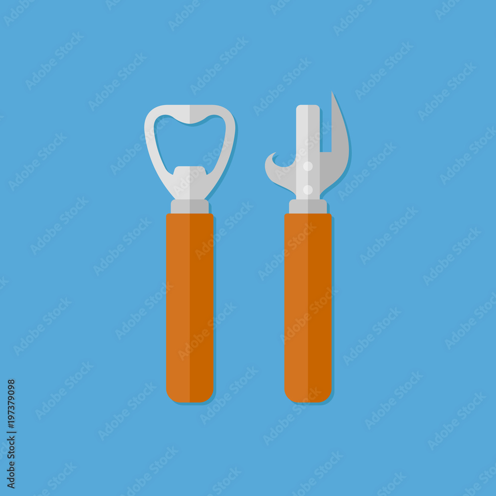 Bottle and can openers isolated on blue background. Flat style icon. Vector illustration.