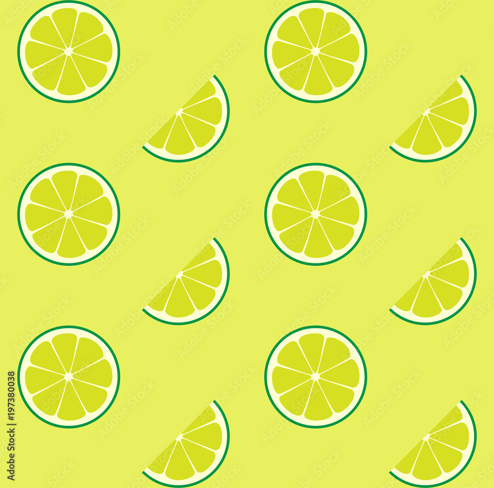 Limeade Lime Seamless Vector Pattern Tile. Green Lime Round Halves and Slices Arranged on Yellow-Green Background. Lemonade Stand Summer Picnic Party Decoration. Food Packaging Design. Swatch Included