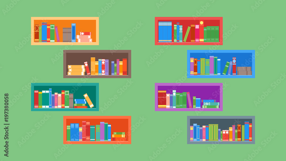 Different books on the bookshelves. Isolated on a green background. Flat style. Vector illustration