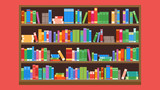 A large wooden bookcase on a red background. Flat style. Different books on the shelves. Vector illustration