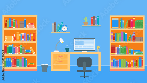 Office, workplace and library with bookcases. A lot of books. Flat style. Vector illustration
