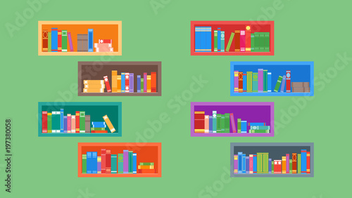 Different books on the bookshelves. Isolated on a green background. Flat style. Vector illustration