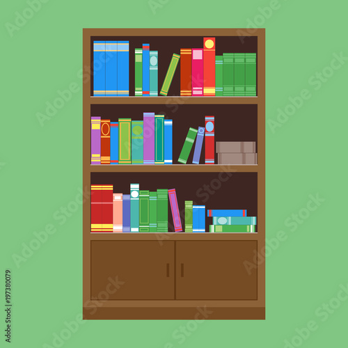 A large wooden bookcase on a green background. Flat style. Different books on the shelves. Vector illustration