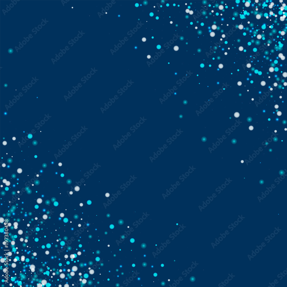 Amazing falling snow. Scatter cornered border with amazing falling snow on deep blue background. Mesmeric Vector illustration. Amazing falling snow. Scatter cornered border with amazing falling snow on deep blue background. Mesmeric Vector illustration.
