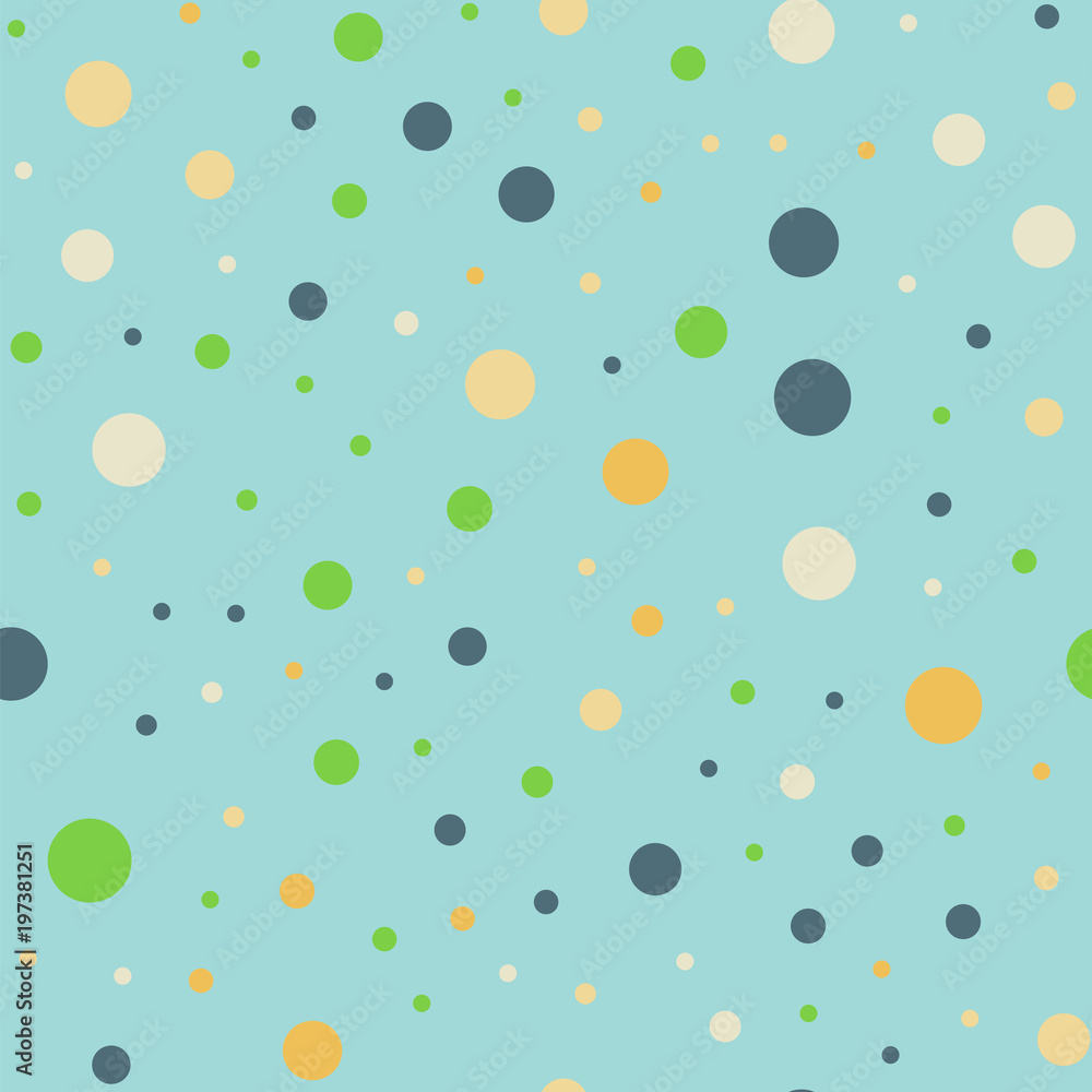 Colorful polka dots seamless pattern on bright 13 background. Surprising classic colorful polka dots textile pattern. Seamless scattered confetti fall chaotic decor. Abstract vector illustration.