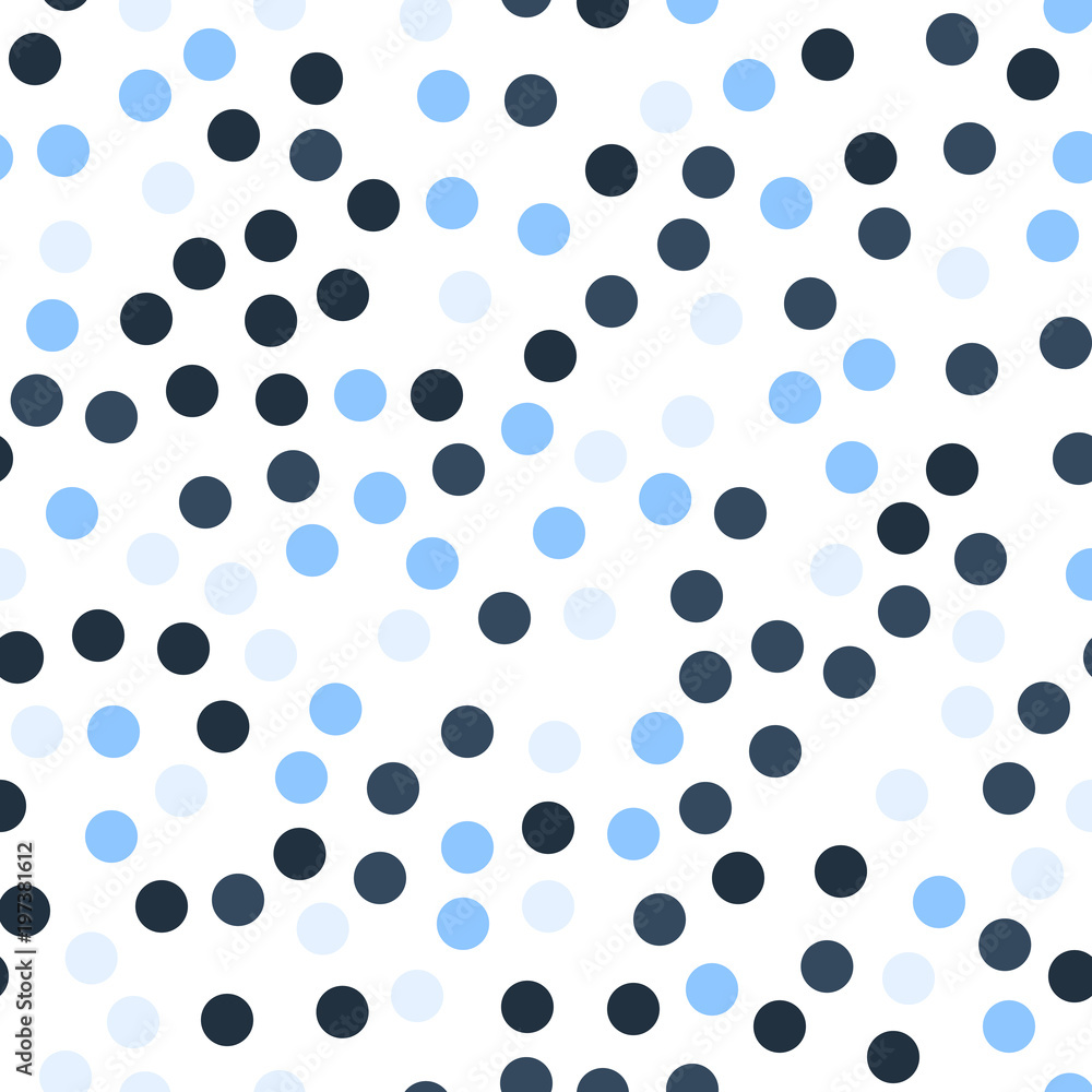 Colorful polka dots seamless pattern on white 15 background. Mind-blowing classic colorful polka dots textile pattern. Seamless scattered confetti fall chaotic decor. Abstract vector illustration.