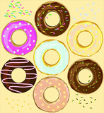 Set of colorful donuts with different decor. Vector illustration for design packaging, delivery box, menu design, cafe decoration.