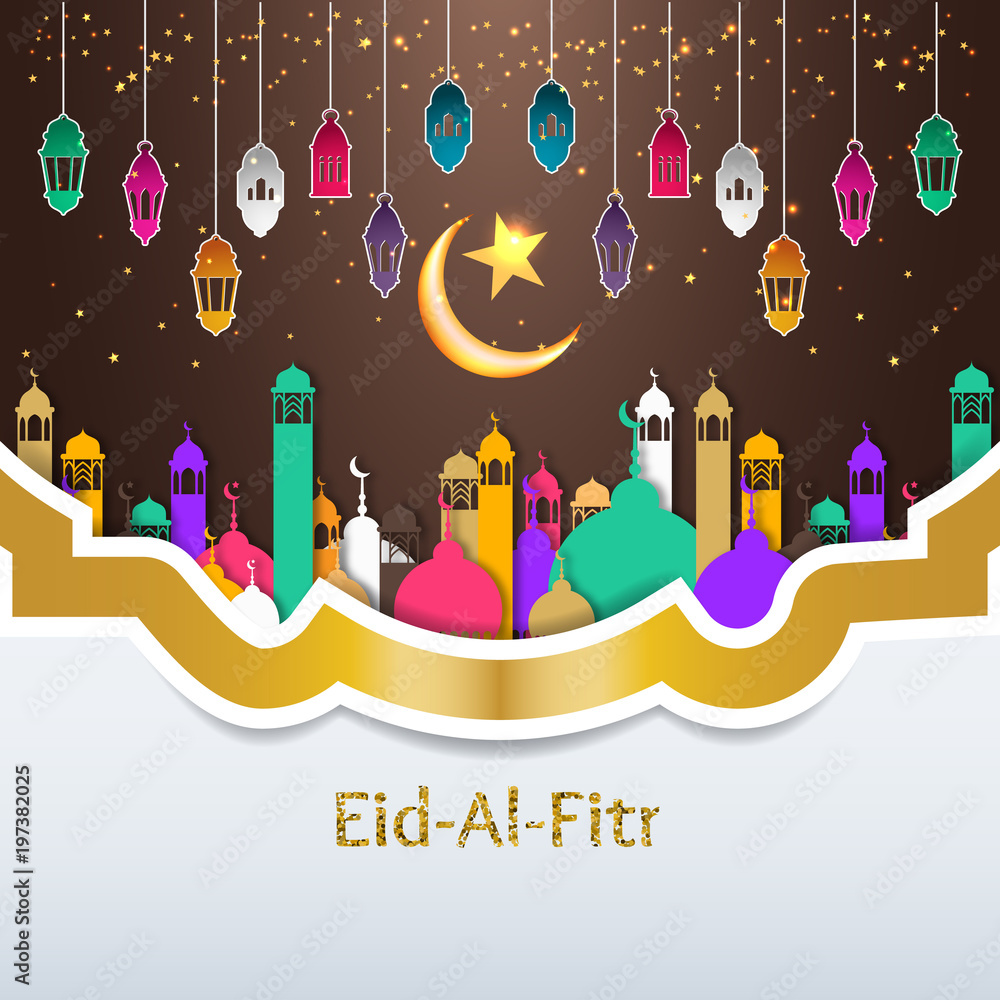 Obraz premium Eid-Al-Fitr greeting card with islamic crescent moon 3D and mosque paper.