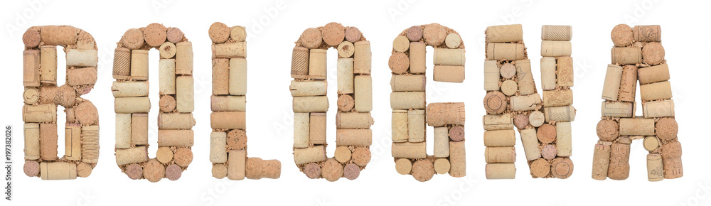 Word Bologna made of wine corks Isolated on white background