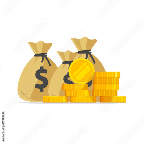 Money vector, big pile or stack of gold coins and cash in bags, a lot of money isolated, idea of wealth, richness or success investment, treasure or rich prize, earnings or savings income flat cartoon