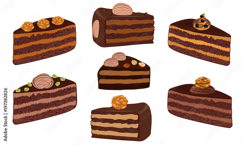 Set of chocolate cakes with nuts and cream. Cake sliced. Dessert isolated on white background. A piece of chocolate cake close-up. Vector illustration slice of cake. Set of chocolate cakes with nuts and cream. Cake sliced. Dessert isolated on white background. A piece of chocolate cake close-up. Vector illustration slice of cake.