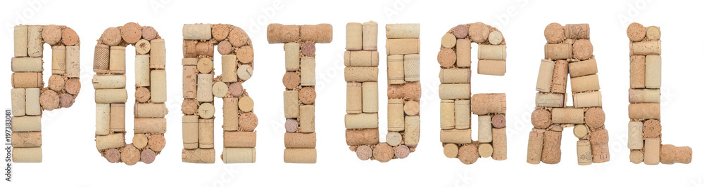 Word PORTUGAL made of wine corks Isolated on white background