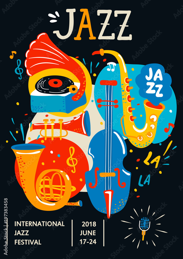 Fototapeta premium Poster for Jazz. Creative modern banner, flyer for music concerts and festivals. Handdrawn lettering, vector illustration.
