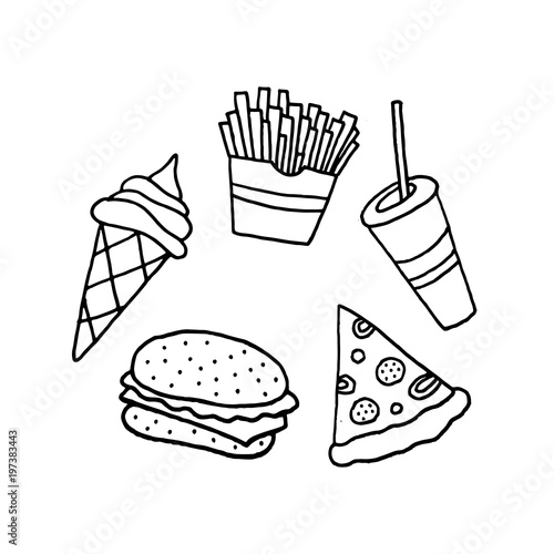 Linear cartoon hand drawn fast food set. Cute vector black and white fast food set. Isolated monochrome doodle fast food set on white background.