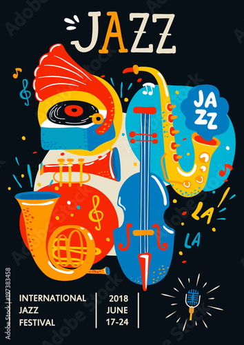 Poster for Jazz. Creative modern banner, flyer for music concerts and festivals. Handdrawn lettering, vector illustration.