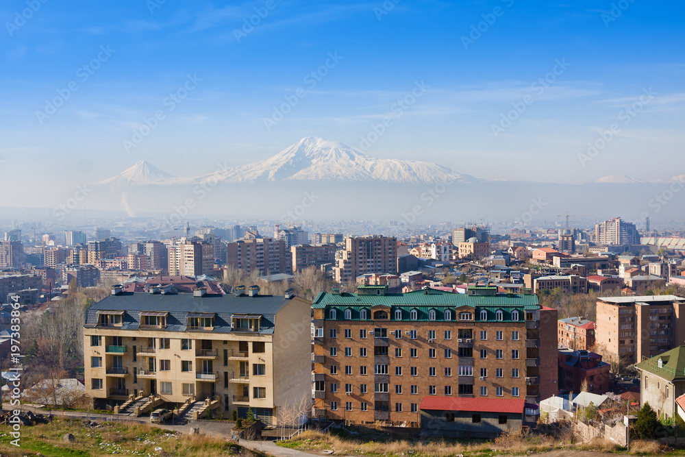 Beautiful view of Mountain Ararat and city Yerevan in spring, Armenia