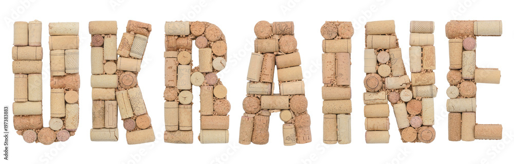 Word Ukraine made of wine corks Isolated on white background