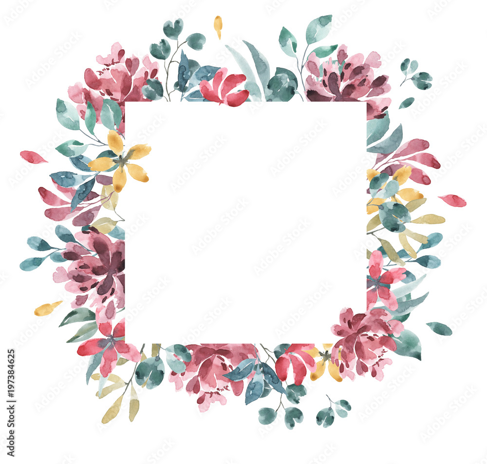Blossoms collection. Watercolor flower and floral geometric frame #2 - obrazy, fototapety, plakaty 