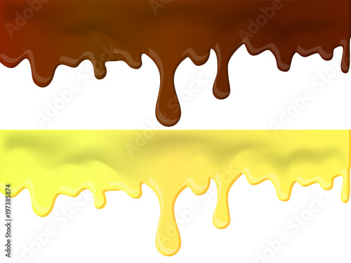 Honey and chocolate drips seamless patterns and blots on white