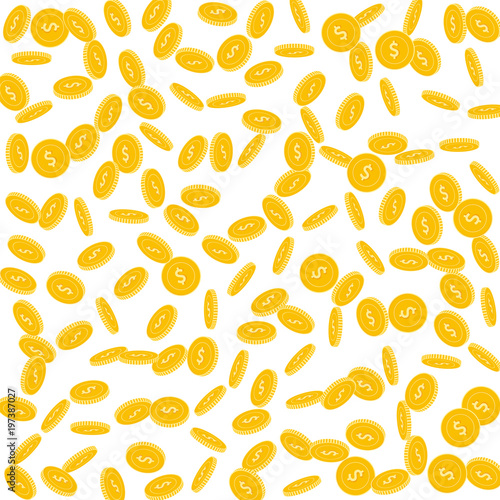 American dollar coins falling. Scattered sparse USD coins on white background. Attractive scattered pattern vector illustration. Jackpot or success concept.