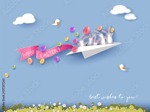 Happy Easter card with bunny flying on paper airplane on blue sky background. Vector illustration. Paper cut and craft style.