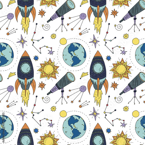 Naklejka Bezszwowy wzór z kosmosem doodle ilustracjami.