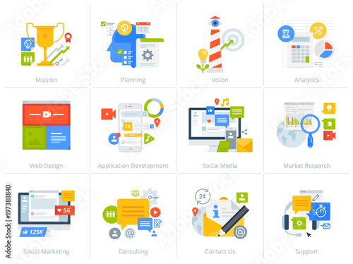 Set of flat design style concept icons isolated on white. Vector illustrations for business, management, consulting, communication, marketing, market research, app and web development, social media.
