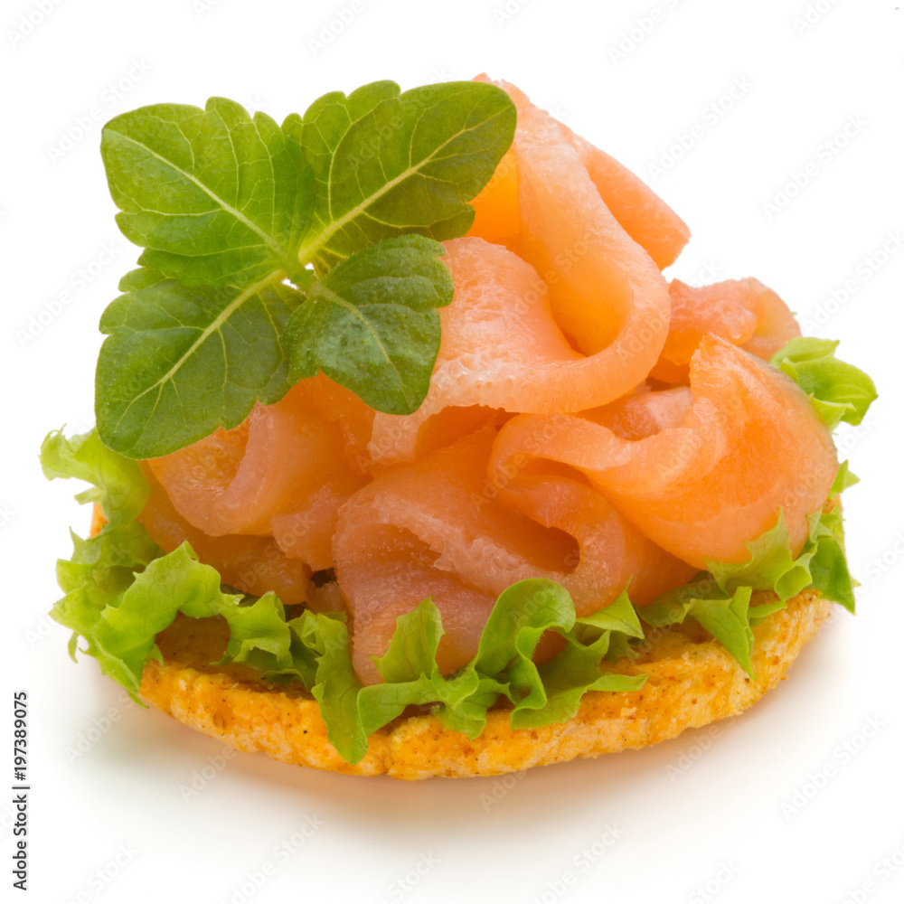 Bread with fresh salmon fillet isolated on white background, top view. Bread with fresh salmon fillet isolated on white background, top view.