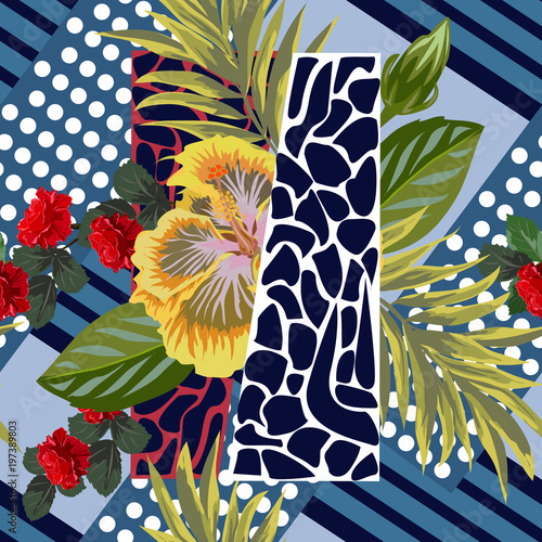 Seamless floral patchwork pattern. Flowers and geometric shapes. Flower background for textile, cover, wallpaper, gift packaging, printing.Romantic design for calico, silk.