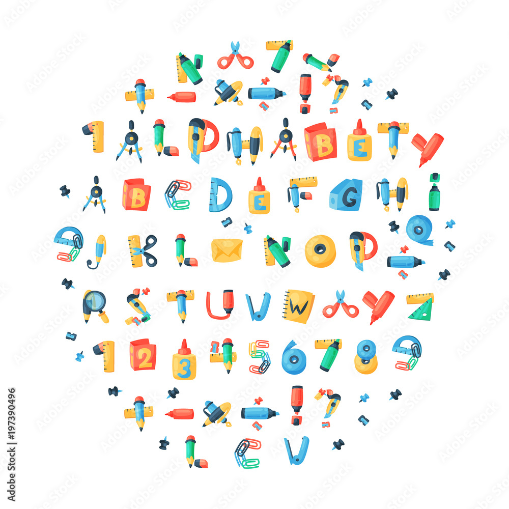 Alphabet stationery letters vector abc font alphabetic icons of office supply and school tools accessories for education pencil or pen alphabetically isolated on white background illustration