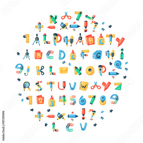 Alphabet stationery letters vector abc font alphabetic icons of office supply and school tools accessories for education pencil or pen alphabetically isolated on white background illustration