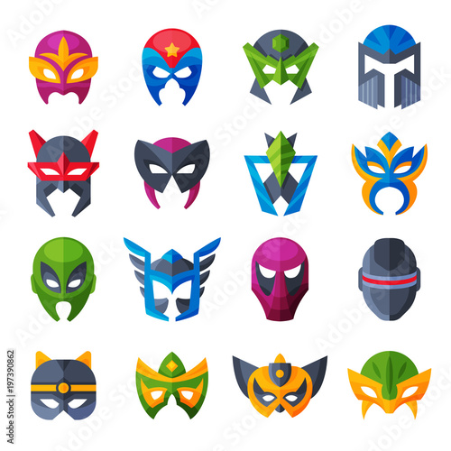 Hero mask vector superhero face masque and masking cartoon character illustration set of powerful masked symbol isolated on white background