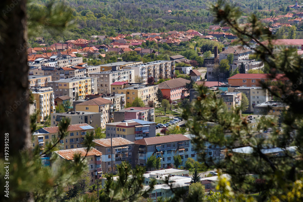 Fototapeta premium Aerial view of the city Bumbesti-Jiu, Gorj, Romania
