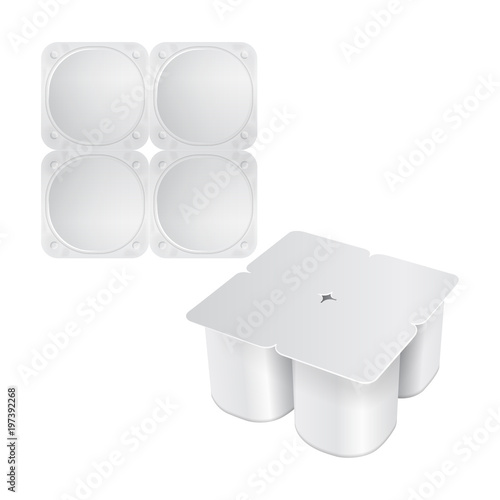 Set of white plastic pack for yogurt, cream, dessert or jam. Rounded square form. Pack of four. Vector realistic packaging mockup template