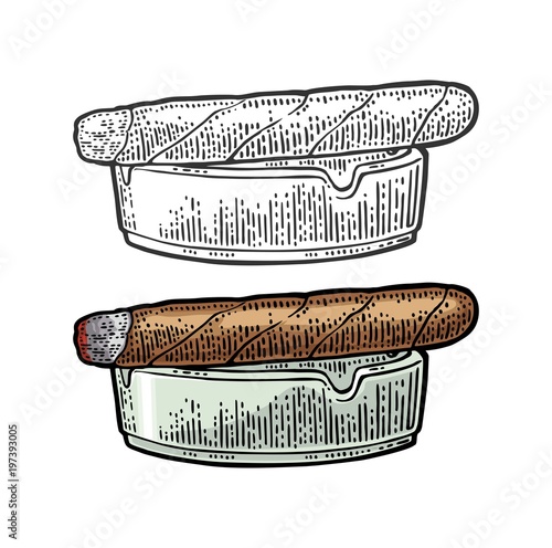 Cigar and ashtray. Vector vintage engraving color illustration