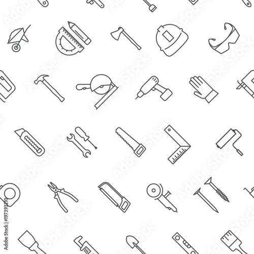 Seamless construction tools icons pattern on white background