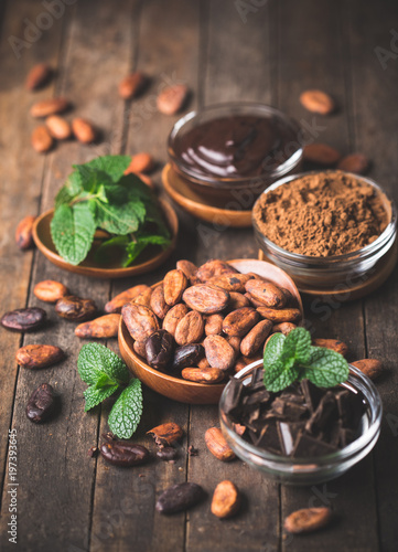 Cocoa beans, powder and dark chocolate © pilipphoto